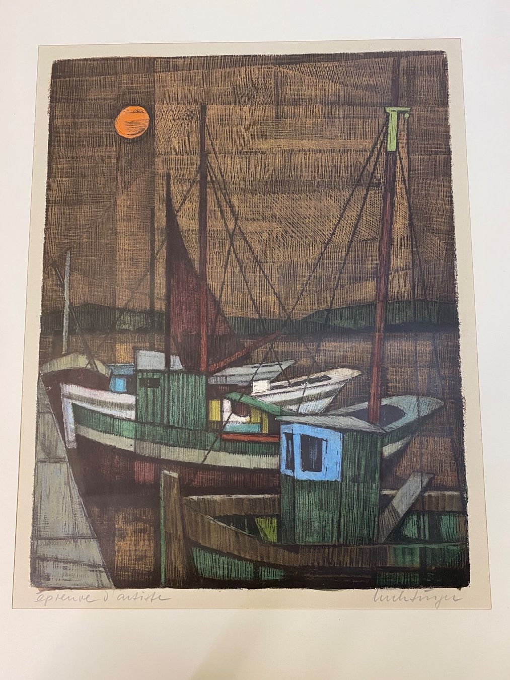 Grafiken & Lithographien: E.A. Farblithographie nächtlicher Hafen Ernst Luchsinger – Gebraucht aus Hindelbank von  1
