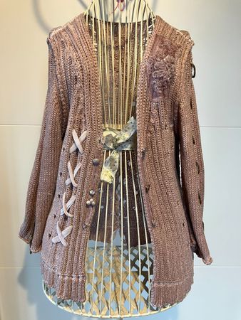 Boho Romantik Grobstrick Cardigan Rosa Schnürung Gr. M/L