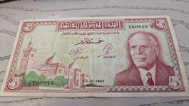 5 Dinars Tunesien 1965 Banknote guter Zustand
