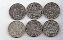 (1434) CH, 6 x 2 Franken 1874-75-78-79-86-94, ss
