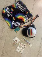 Pride Regenbogen Set Kappe Beutel Sticker neu