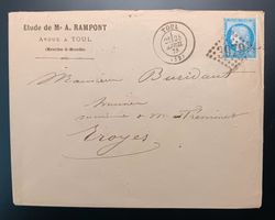 FRANKREICH TOUL AUSGEFALLENER STEMPEL NACH TROYES 1875