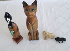 Lot 4 Statuettes Artisanales Bois et Pierre - Chat Elephant