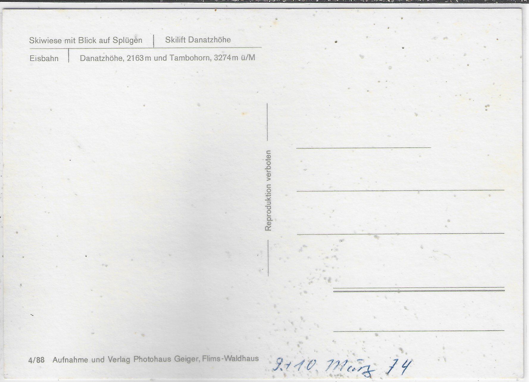 Cartoline postali: Splügen - Skiwiese, Skilift Danatzhöhe, Eisbahn – Usato da Ettingen venduto da Kartenplanet 1