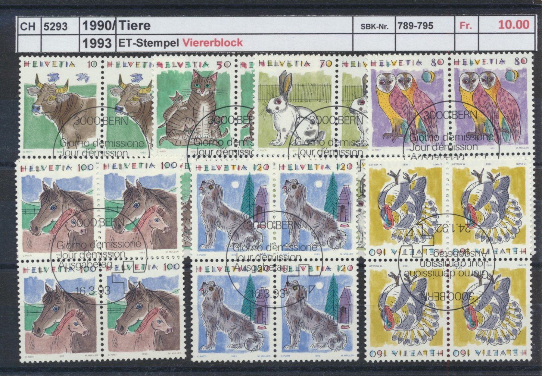 Alle Briefmarken: 1990/93 "Tiere", Viererblock, ET - Stempel – Gebraucht aus Winterthur von Zupogeru