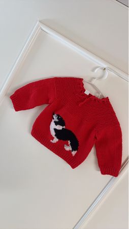 Handgestrickter roter Pullover mit Hundemotiv, Grösse 62/68