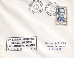 1. Nachtpostflug Paris - Strasbourg - Basel / Mulhouse 1958