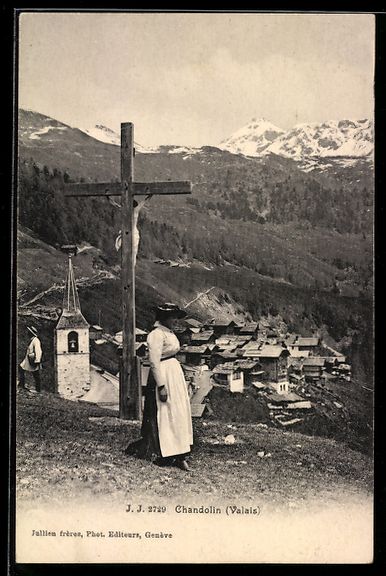 Cartoline postali: Chandolin /Valais, Teilansicht mit Kirch – Usato da Berlin venduto da bartko-reher
