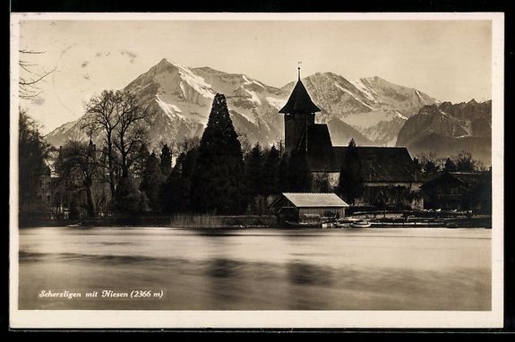 Cartoline postali: AK Scherzligen, Teilansicht mit Niesen – Usato da Berlin venduto da bartko-reher