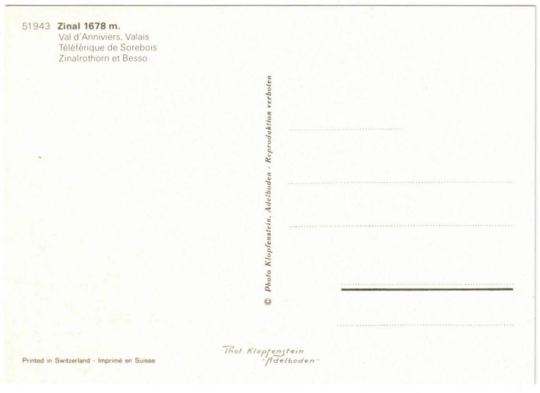 Cartoline postali: Zinal - Luftseilbahn Sorebois – Usato da Binningen venduto da Mountainrider 1