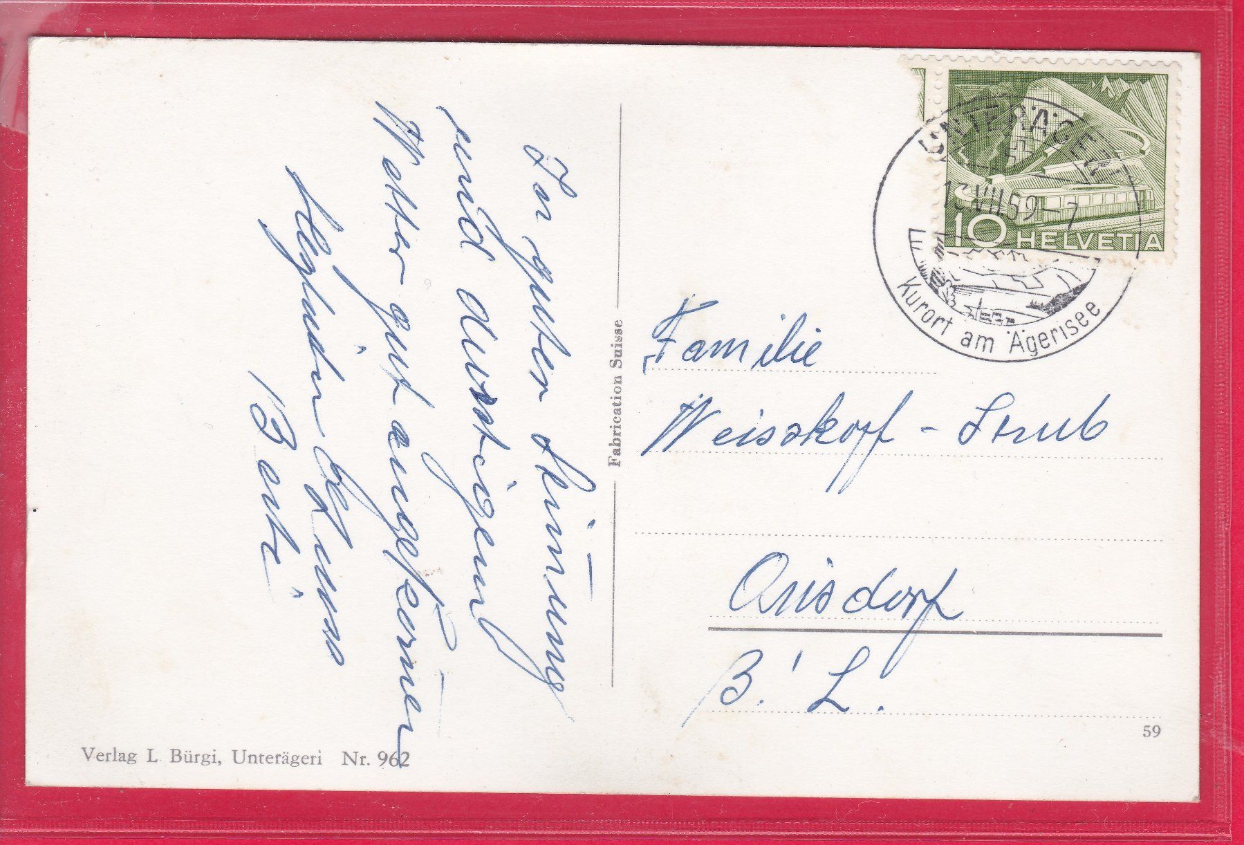Cartoline postali: UNTERÄGERI, 13.7.1959 – Usato da Oberrieden venduto da Gebirgsstelze 1