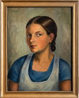 Ölgemälde Dame mit Schürze, signiert M.W. - Vintage Porträt