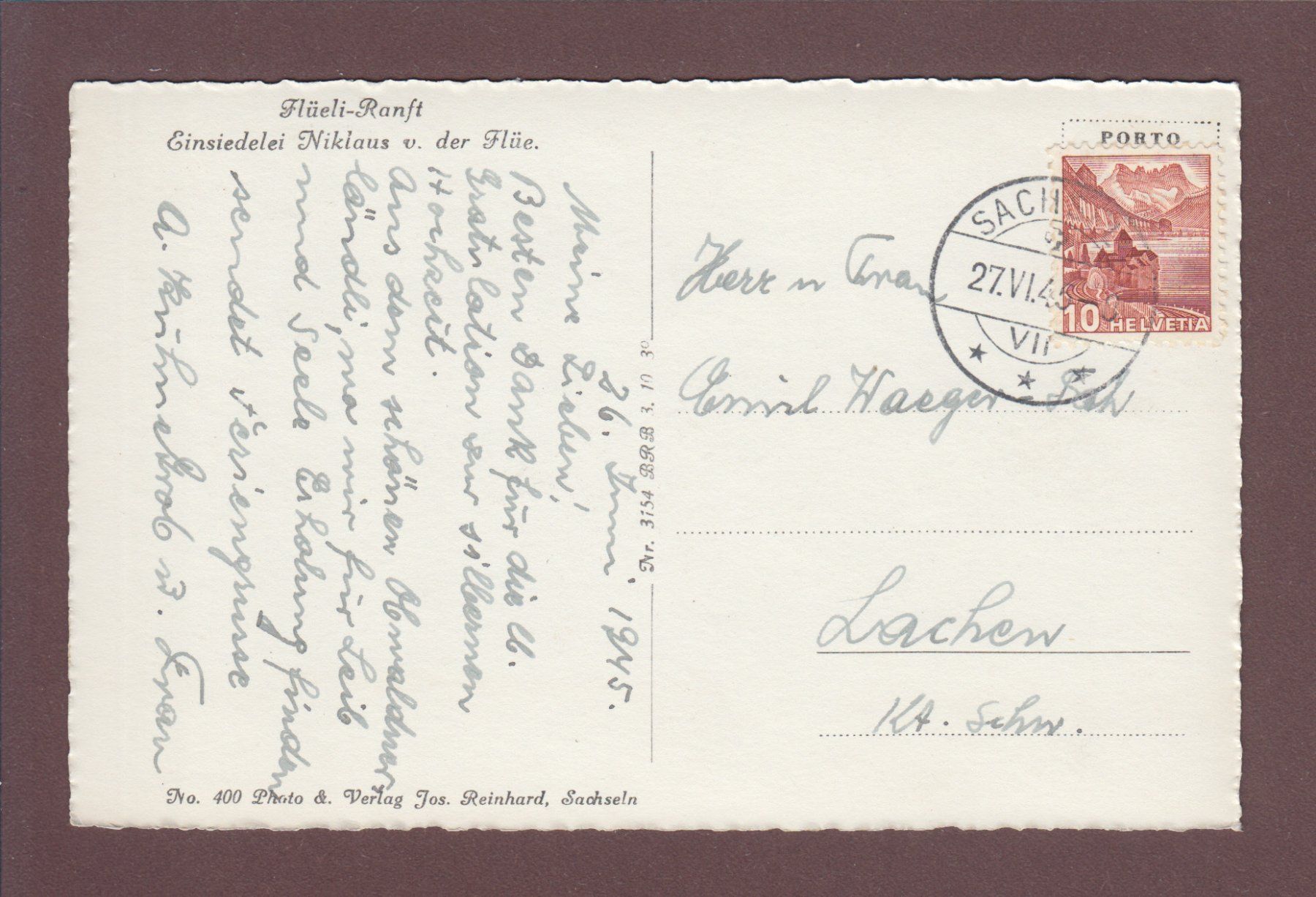 Cartoline postali: FLÜELI-RANFT - Einsiedelei - 1945 – Usato da Pully venduto da nicecards 1