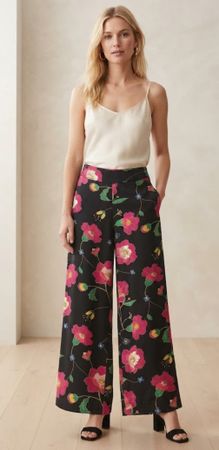 Pantalon large Sézane soie noir motifs fleurs taille 36