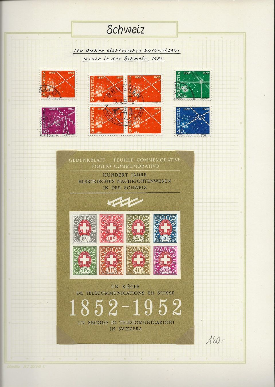 Tutti i francobolli: Telegraph Block Gedenkblatt postfrisch 1852 - 1952 Kat 160.- – Nuovo (secondo la descrizione) da Baar venduto da Saegi1