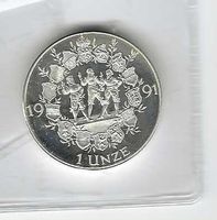 1 Oz 1991Schweizischer Rütlischwur/recto-Kreuz+steh.Helvetia