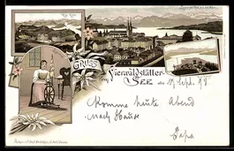 Lithographie Luzern, Vierwaldstättersee, Rigi Kulm, Trachten