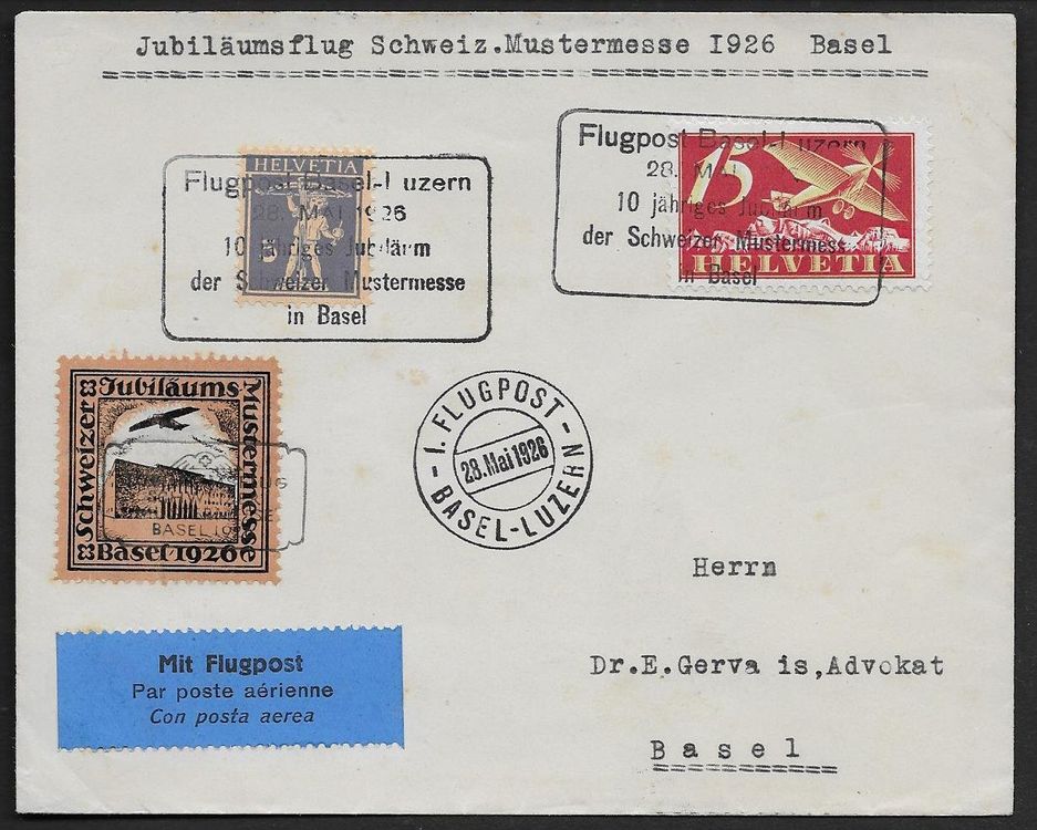 1926 Flugpost Basel-Luzern rare VIGNETTE SBK 450.-+ ab 1.- (Gebraucht ...