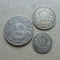 Lot ++ 1/2 Fr., 1.- Fr. und 2.- Fr. 1894, gute Erhaltungen