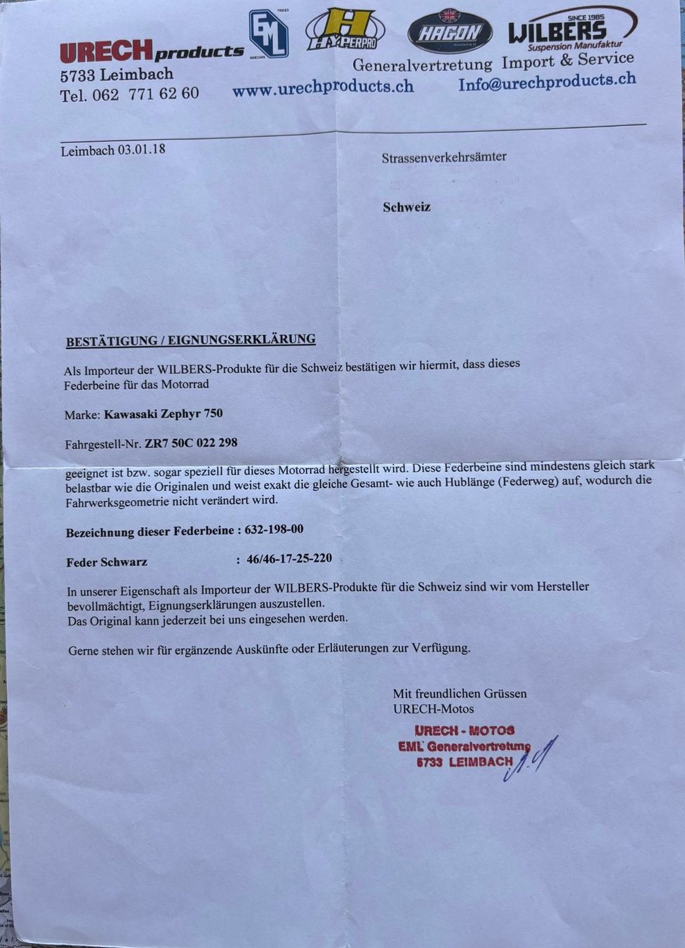 Alle Motorradersatzteile: Federbeine "Wilbers" – Gebraucht aus Boniswil von Zephyr750 4