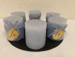 Kerzen 6,8 x 7,2 cm, 6 Stück, Pastellblau, Raureif