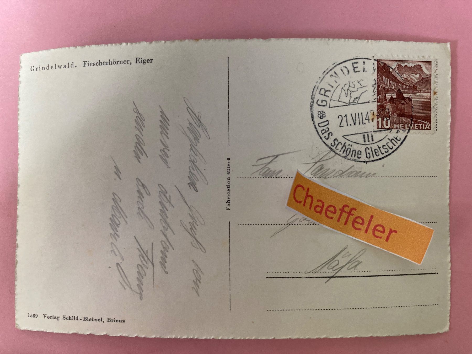 Cartoline postali: 1947 Grindelwald. Fiescherhörner, Eiger – Usato da Zürich venduto da Chaeffeler 1