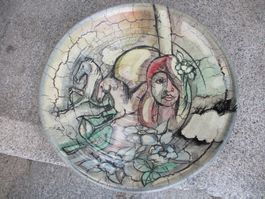 Künstler-Teller midcentury art ROCAIEFF (?) Dm 40 cm Pferd