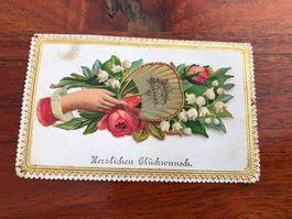Antike Glückwunschkarte, geprägt, Blumen, Gedicht, 19 Jh.