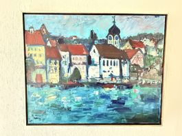 Ölgemälde, Stadtansicht mit Kirche, Bodensee, 1967, gerahmt