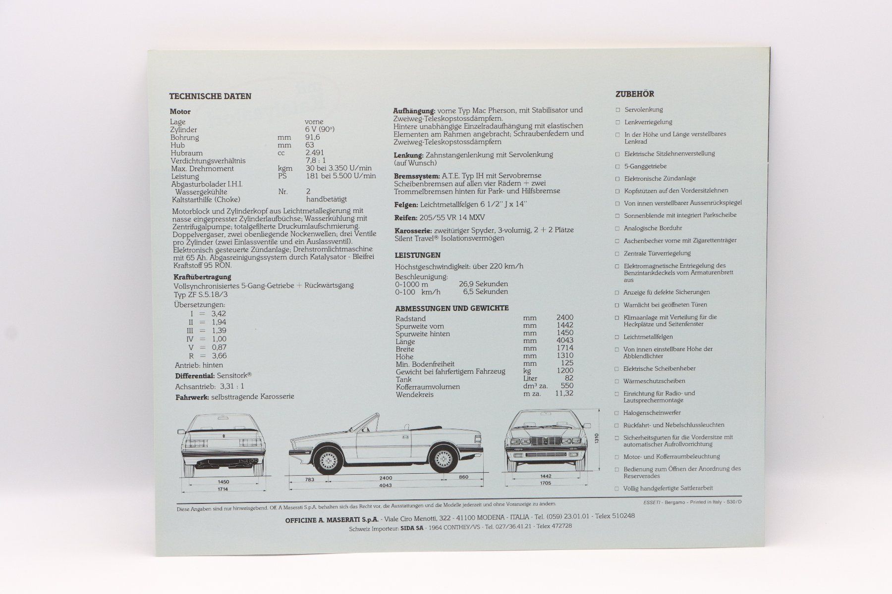 Maserati Documenti: Maserati Spyder 1984 Prospekt – Usato da Bühl b.Aarberg venduto da Collectorpassions 1