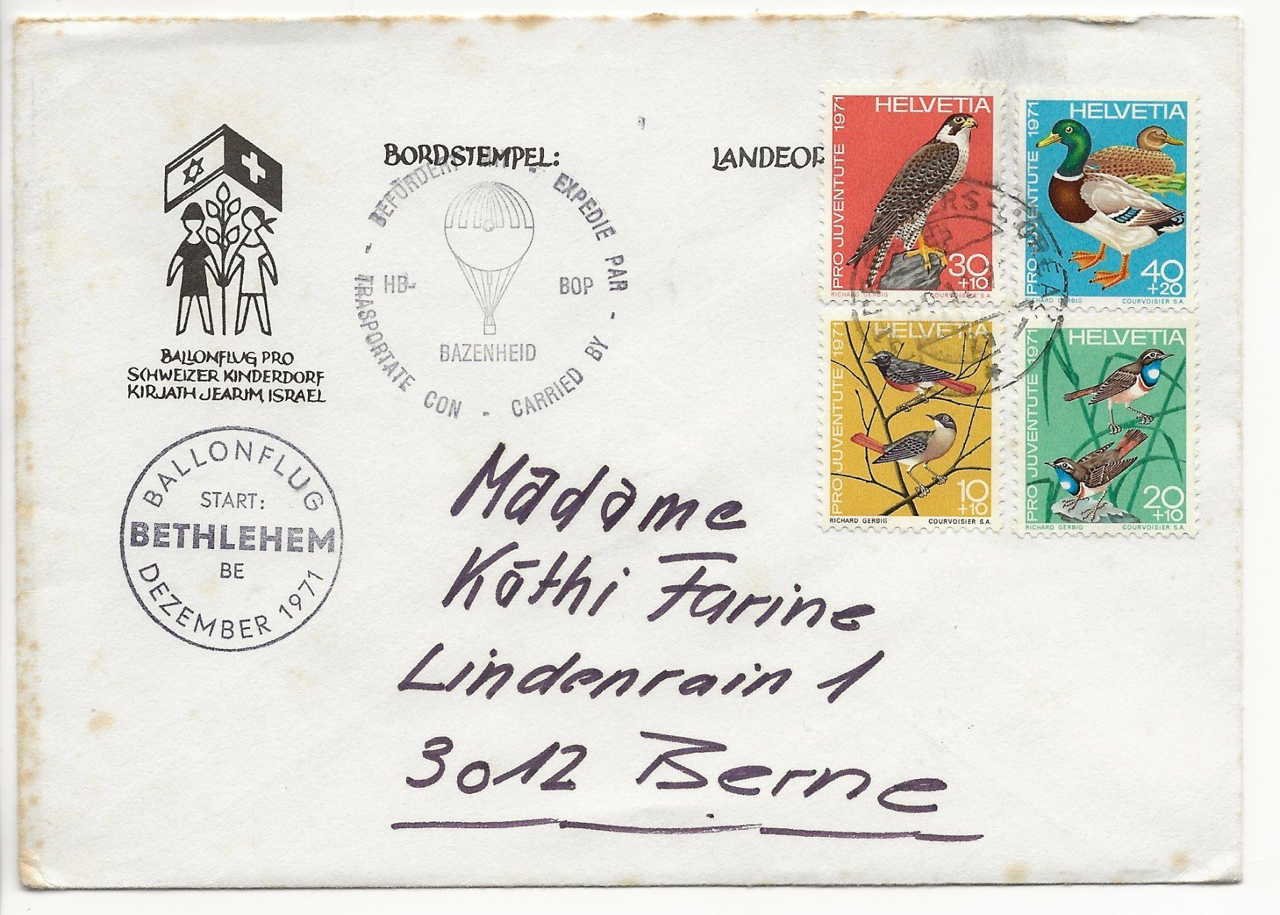 Alle Briefmarken: Ballonpost Ballon Board Stempel Bazenheid Start BETHLEHEM – Gebraucht aus Müswangen von buyin