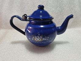 Kleine Emaille Teekanne Blau mit Blumenmuster guter Zustand