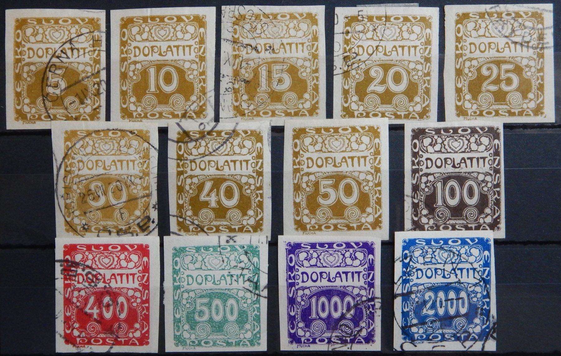 Tutti i francobolli: Tschechoslowakei CSSR Porto ex. Kat. 1-14 gest. 1919/20 – Usato da Zürich venduto da Muehlekauf