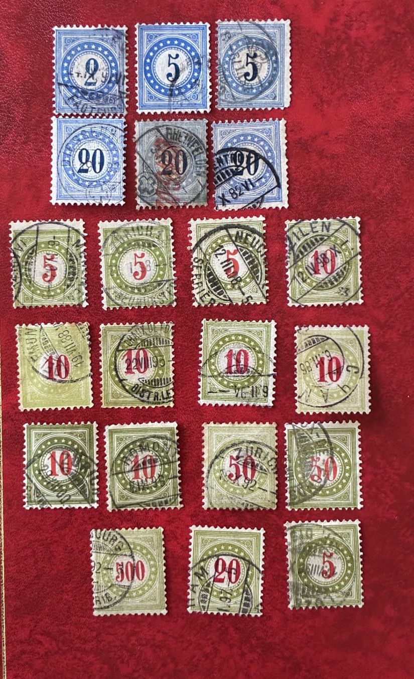 Alle Briefmarken: Type chiffre papier blanc ,bleu + vert mêlé 1878 – Gebraucht aus Lausanne von Choc-di.63