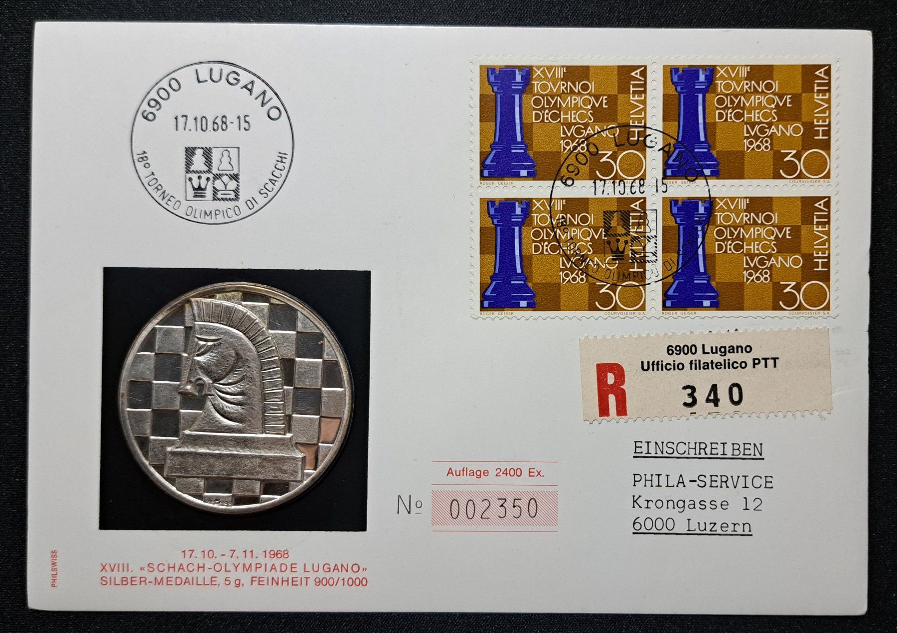 Alle Briefmarken: Numisbrief Schach-Olympiade Lugano 1968 – Gebraucht aus Unterägeri von PhilatelieStudiger