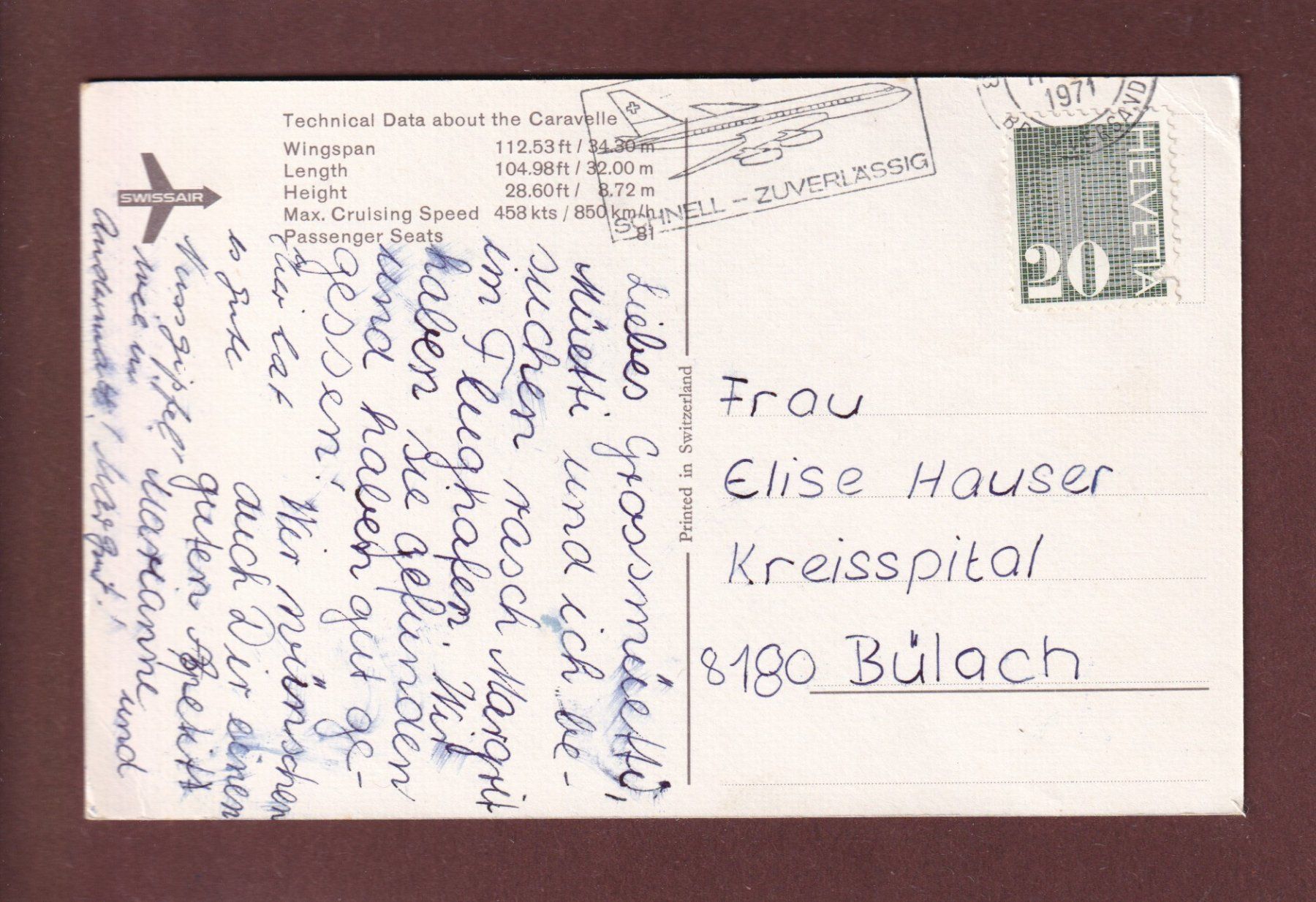 Cartoline postali: SWISSAIR - Caravelle - 1971 – Usato da Pully venduto da nicecards 1
