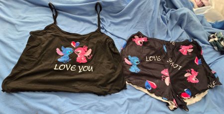 Pyjama Set Kurz Schwarz Motiv Stitch Grösse 1XL Damen