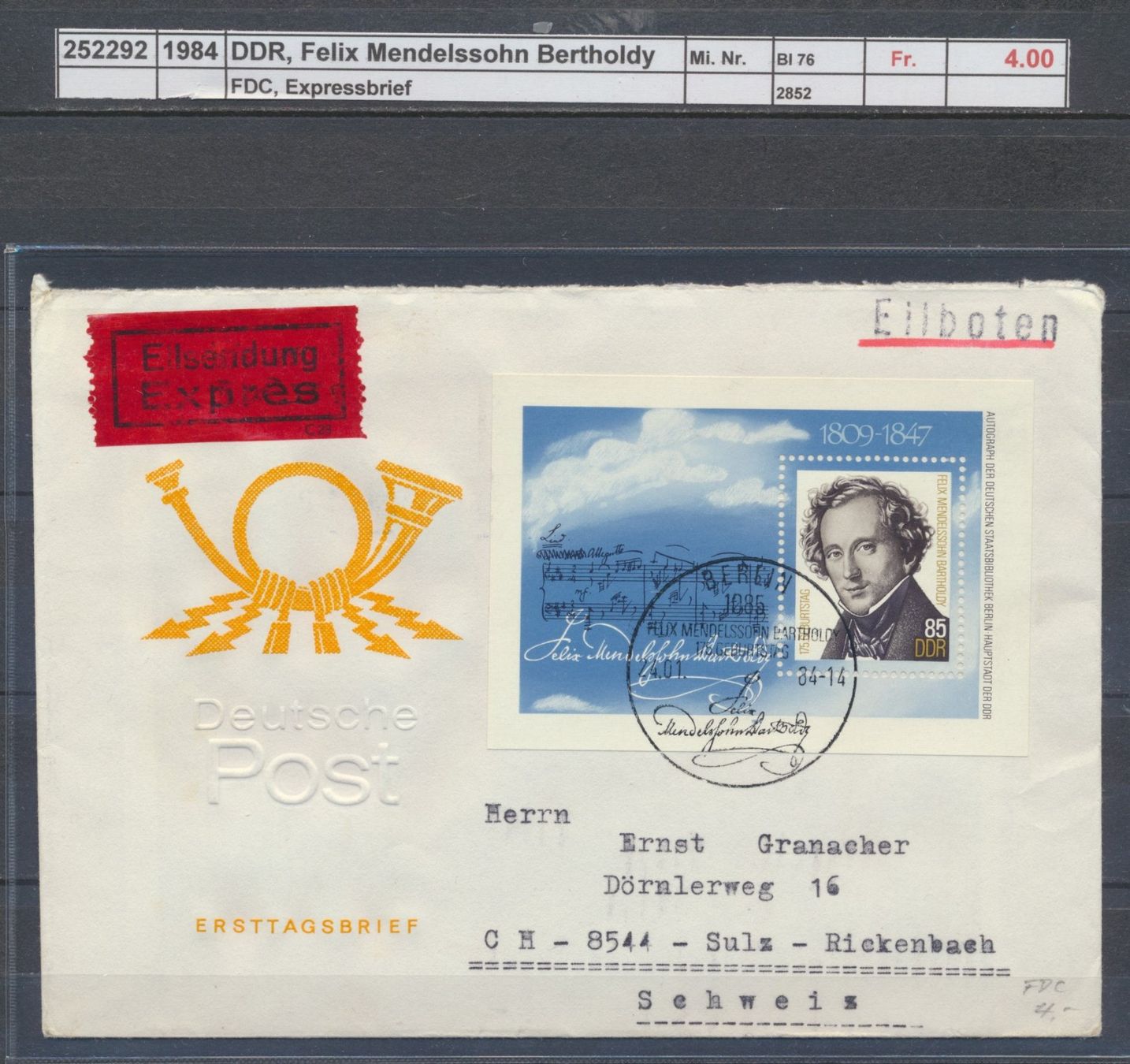 Alle Briefmarken: 1984 DDR, "Felix Mendelssohn Bertholdy" - Block, FDC – Gebraucht aus Winterthur von Zupogeru