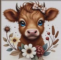 Kreuzstich-Sticken-Handarbeit-Highland-Kalb-30x30cm-Bild