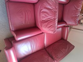 Ledersofa inkl. 2 Ledersessel, bordeauxrot, guter Zustand