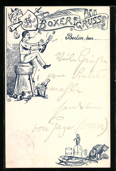 Cartoline postali: Litho Berlin, Boxer mit Sekflasche am Fe – Usato da Berlin venduto da bartko-reher