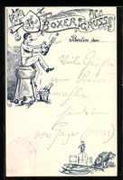 Litho Berlin, Boxer mit Sekflasche am Fe
