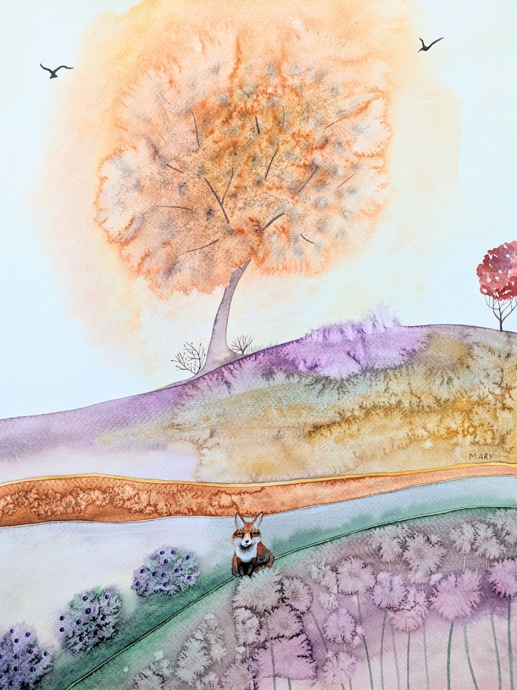 Gemälde: Original Aquarell "früh am Morgen" Fuchs Baum Bild – Neu und originalverpackt aus Wittenbach von Mary.M.Boesch