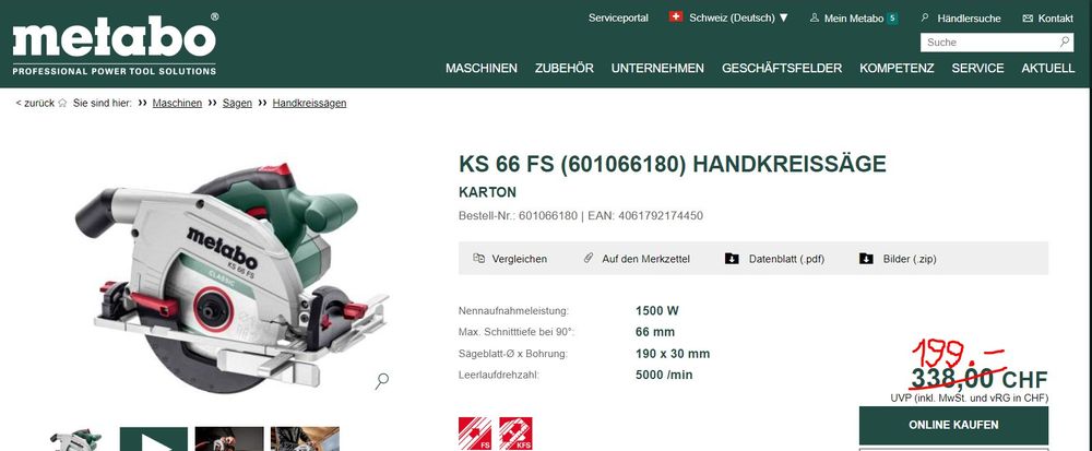 Kreissäge METABO KS 66 FS 230V / 1500W mit 66mm Schnittiefe | Kaufen ...