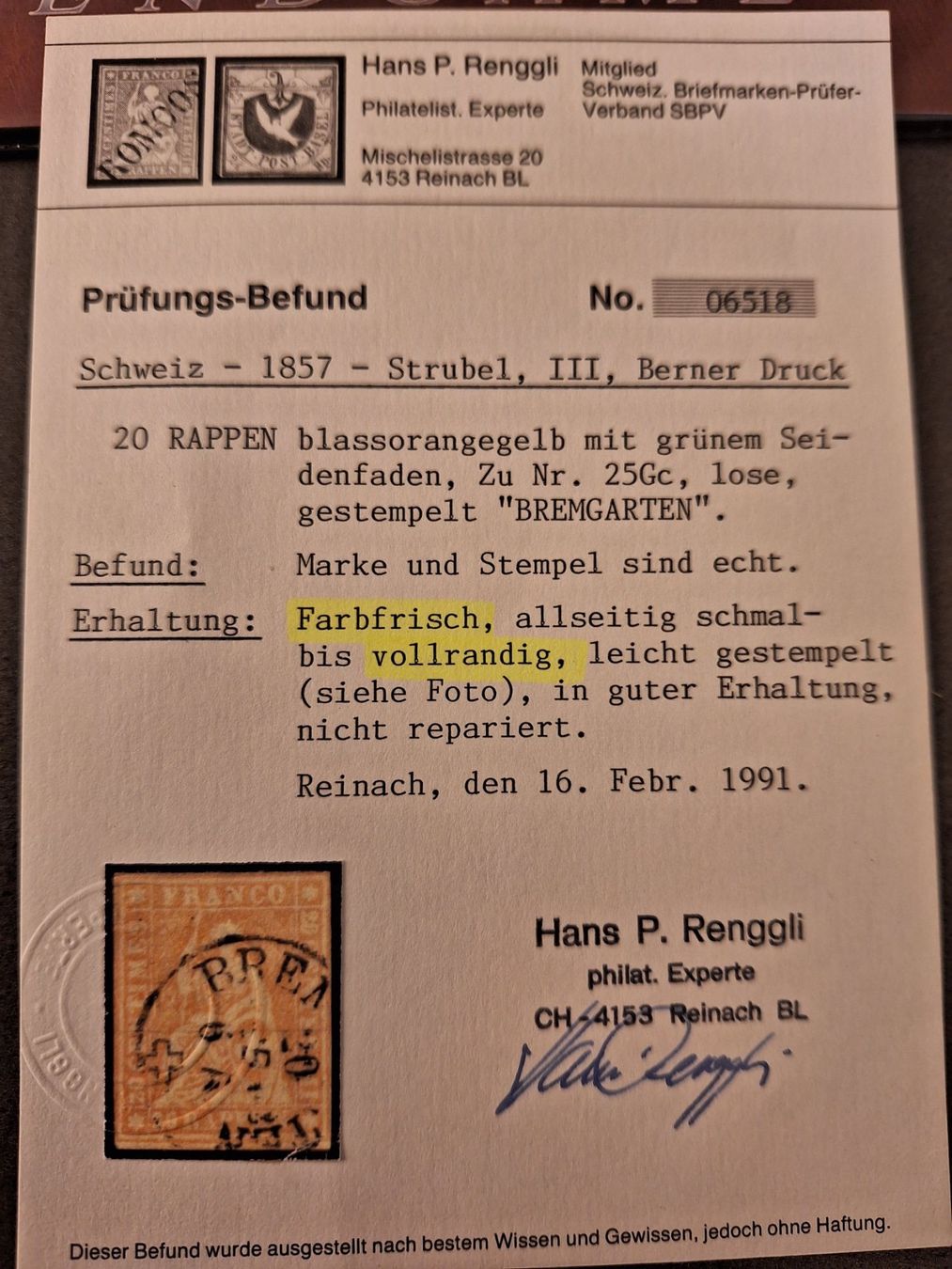 Alle Briefmarken: Strubel 25G Bremgarten mit Attest Kat. 120.- – Gebraucht aus Balgach von SIMEON27 2