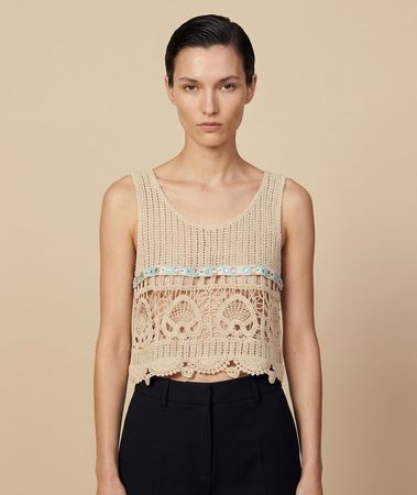 Miss J Crop Top Crochet Beige Miroirs Brodé T. L/XL