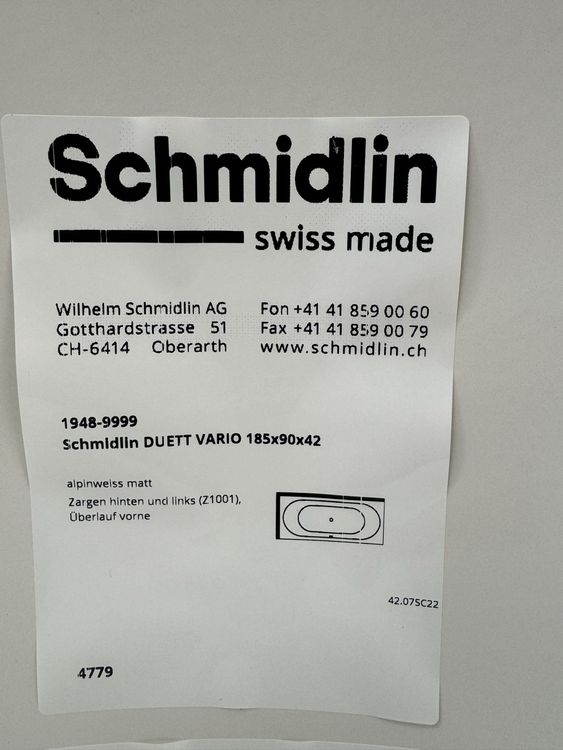 Schmidlin Badewanne mit Zarge 185 x 90 cm 3