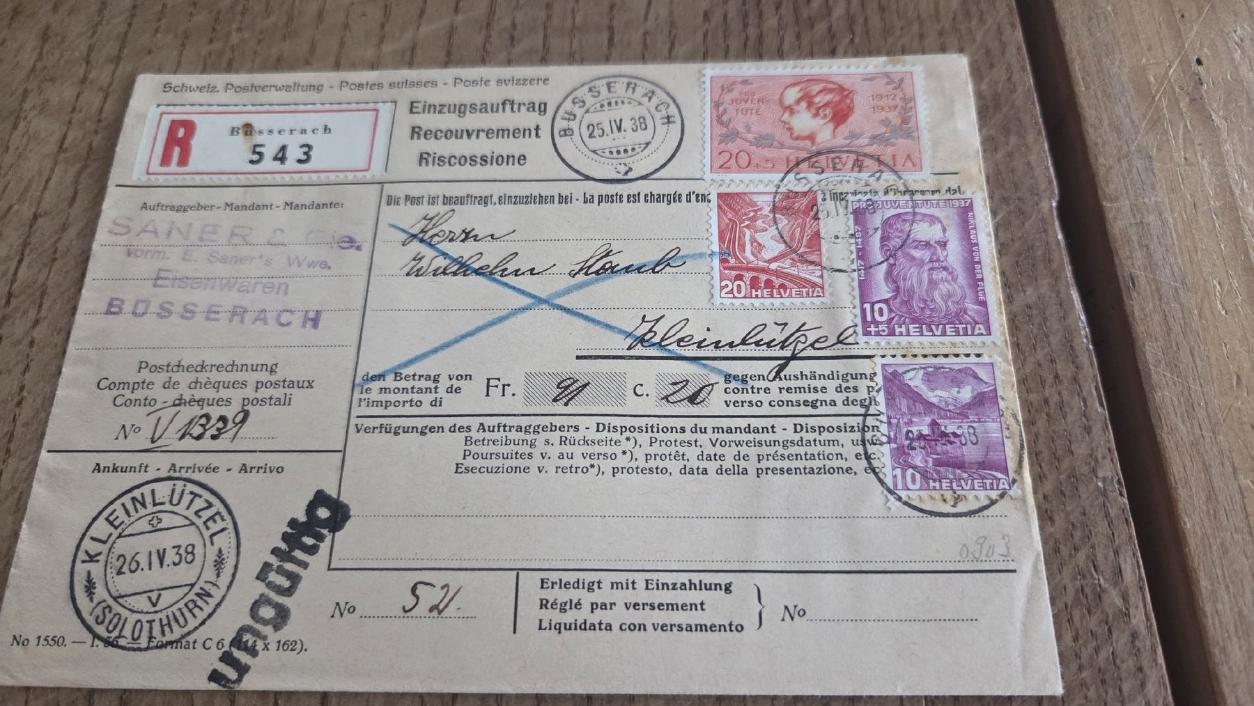 Alle Briefmarken: 1938 Einzugsmandat Pro Juventute mit Inhalt – Gebraucht aus Arni AG von Moth68 1