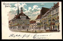 Lithographie Stein a. Rhein, Rathaus, bemalte Häuser am Mark