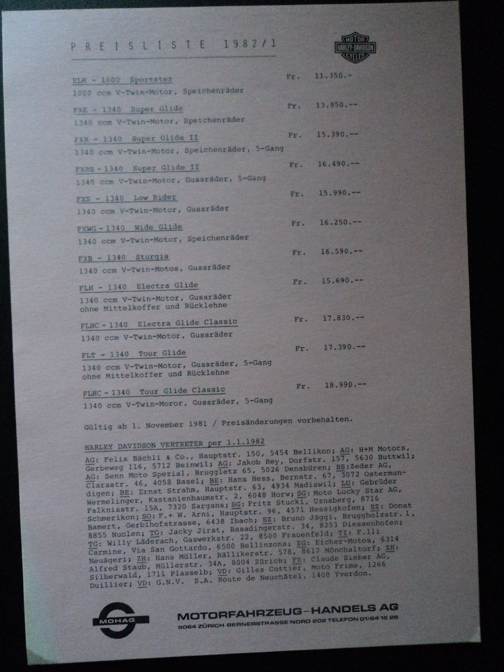 Documents: Prospekt Preisliste Harley Davidson 1982 – D'occasion à Schwarzenburg par modelCARama 2